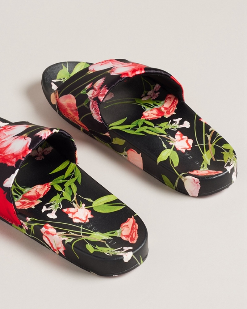 Black Ted Baker Asela Floral Printed Pool Women's Slides | 436258-LNB