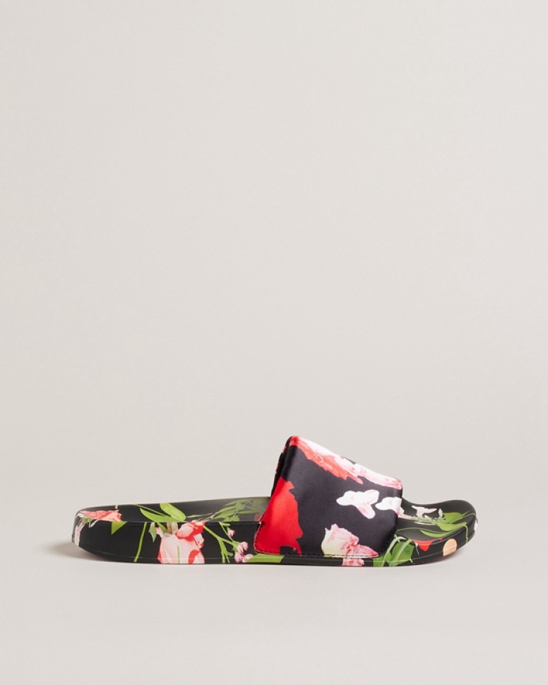 Black Ted Baker Asela Floral Printed Pool Women\'s Slides | 436258-LNB