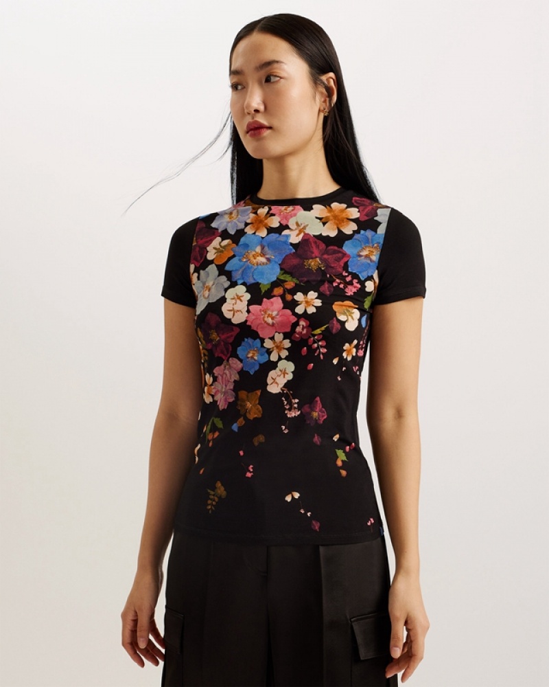 Black Ted Baker Bealaa Printed Fitted Women's T Shirts | 208493-OPM