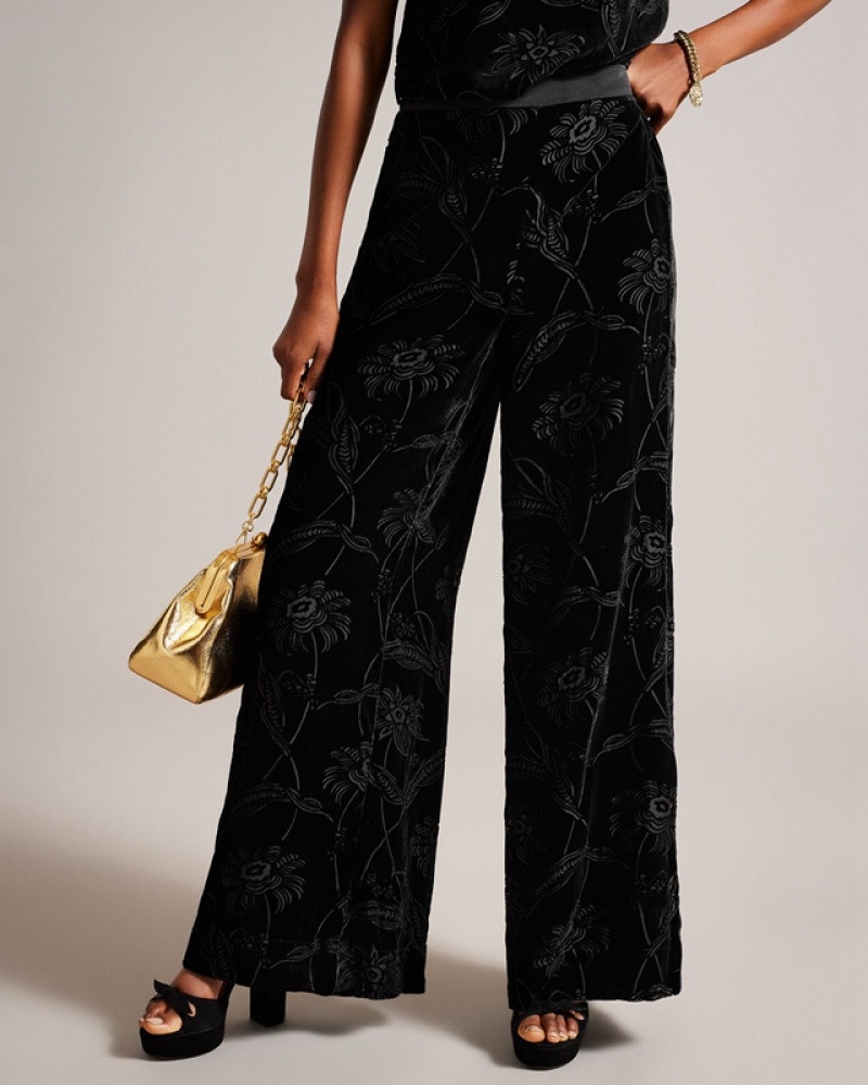 Black Ted Baker Bettiat Velvet Wide Leg Women's Pants | 150478-EOH