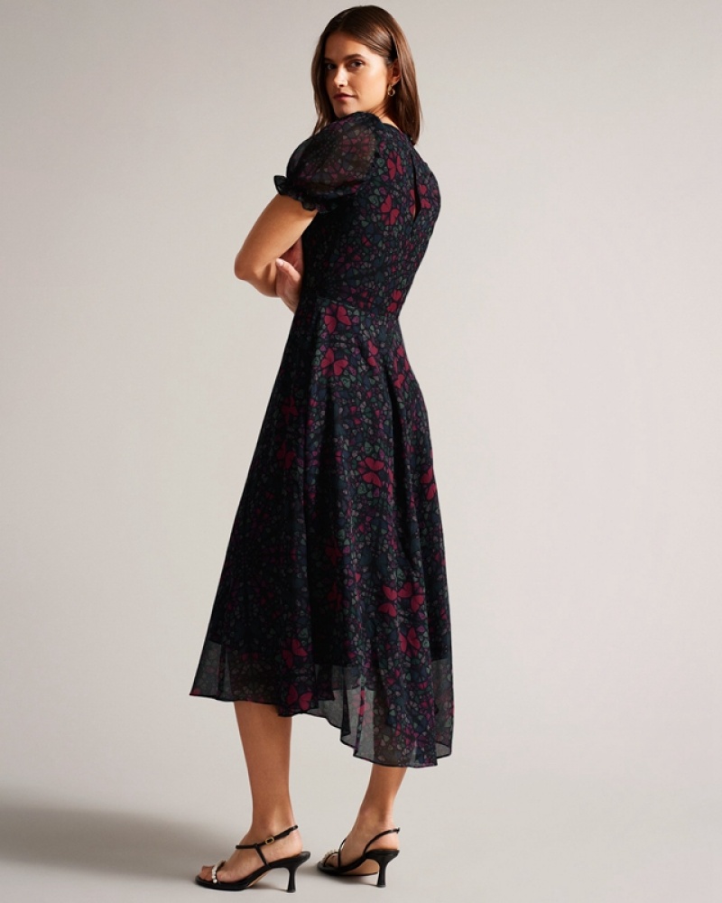 Black Ted Baker Daniaa Graduated Midi with Ruched Puff Sleeve Women's Dress | 652849-IAF