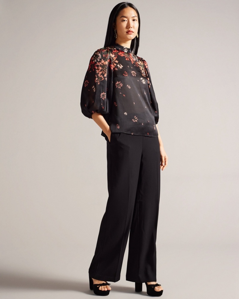 Black Ted Baker Eranthe High Neck Balloon Sleeve Women's Shirts | 517460-MYO