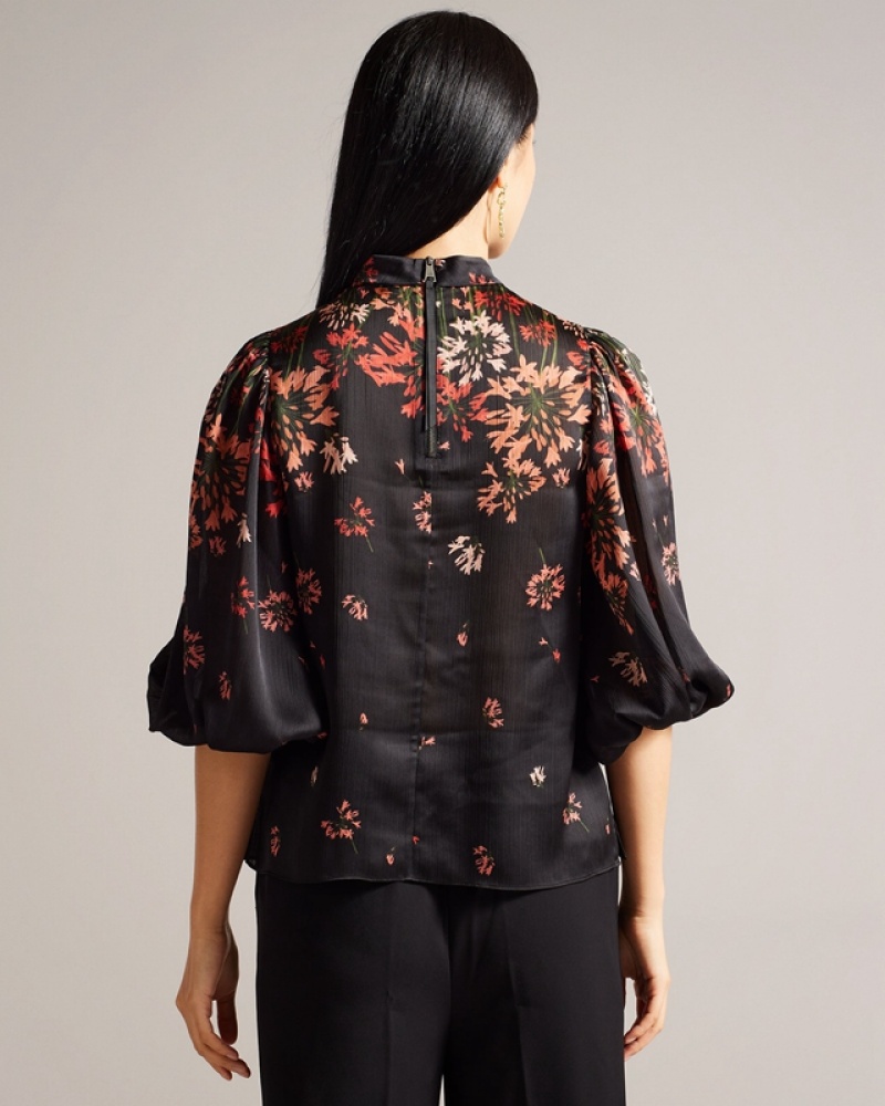 Black Ted Baker Eranthe High Neck Balloon Sleeve Women's Shirts | 517460-MYO