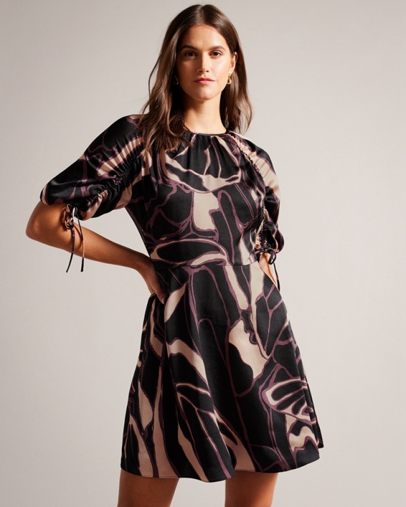 Black Ted Baker Gilliaa Printed Mini Fit and Flare with Puff Sleeve Women's Dress | 031586-IHA