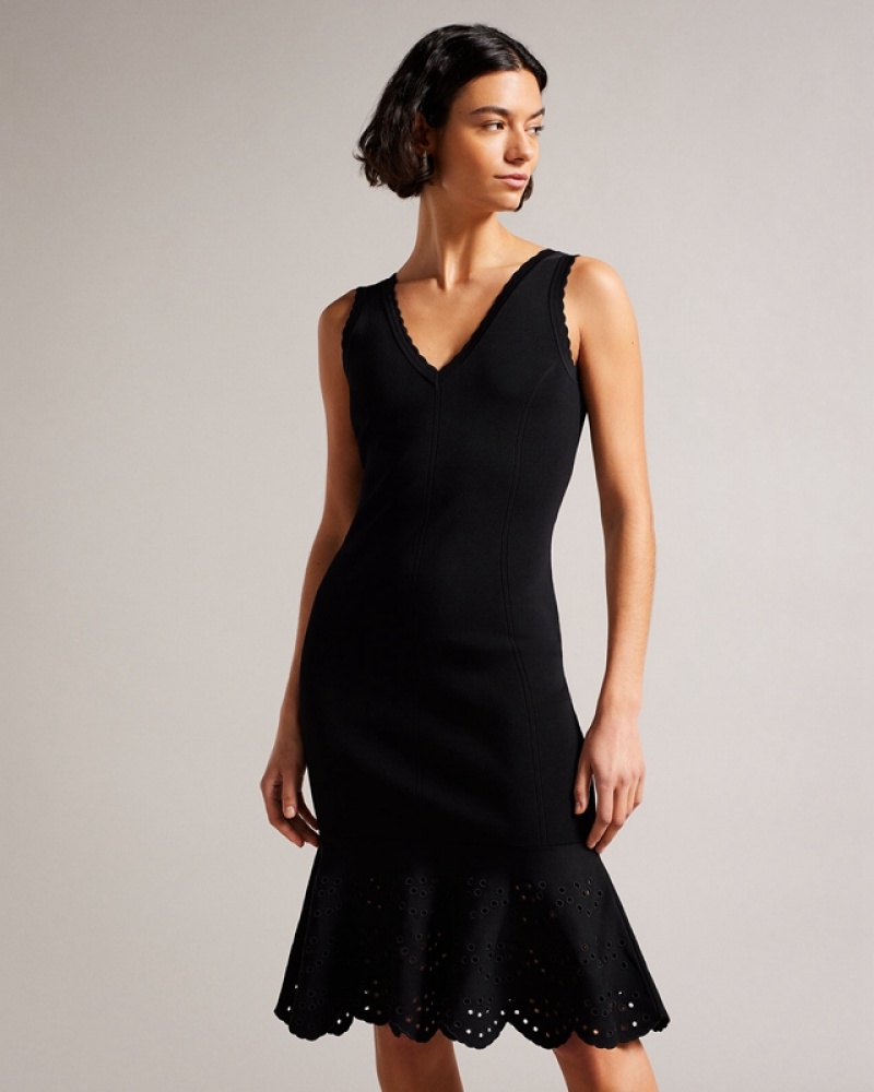 Black Ted Baker Juliann Broderie Stitch Midi Knit Women's Dress | 457698-TND