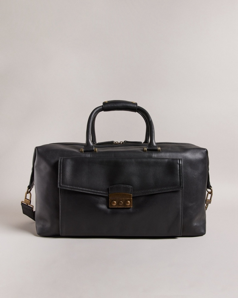 Black Ted Baker Kalsin Trunk Lock Leather Men\'s Duffle Bags | 605243-JXI