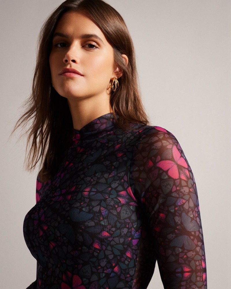 Black Ted Baker Kamill Mesh Fitted with High Neck Women's Tops | 246150-MPF