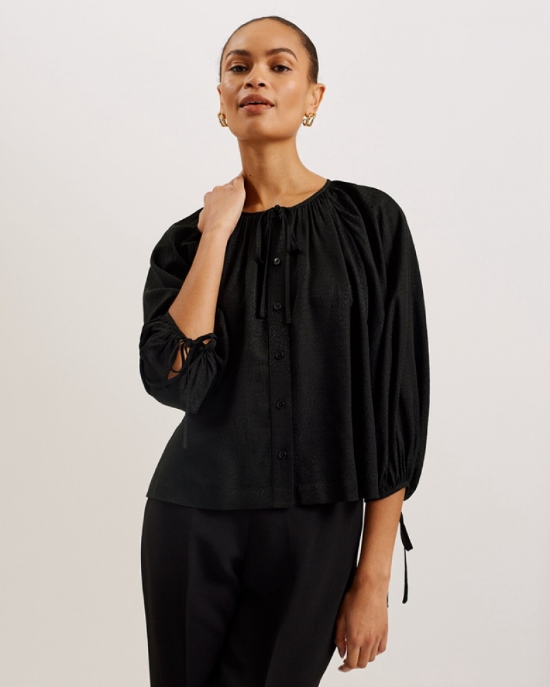 Black Ted Baker Koryah Raglan Puff Sleeve Women's Shirts | 098536-VJD