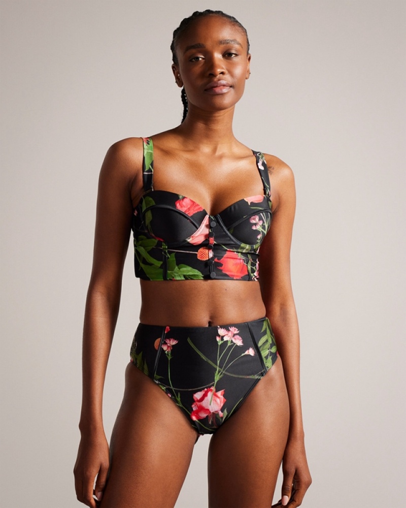 Black Ted Baker Lusiye Printed Longline Women's Bikini Tops | 325768-EPZ