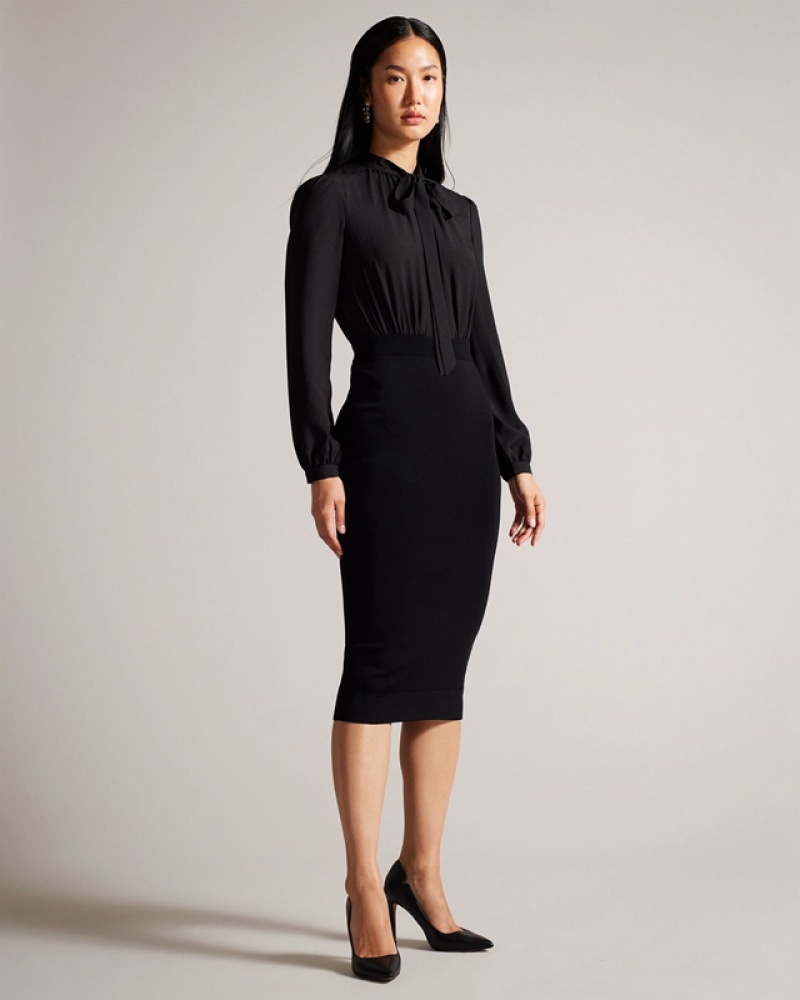 Black Ted Baker Mersea Knitted Pencil Midi Women's Dress | 814572-ZAE