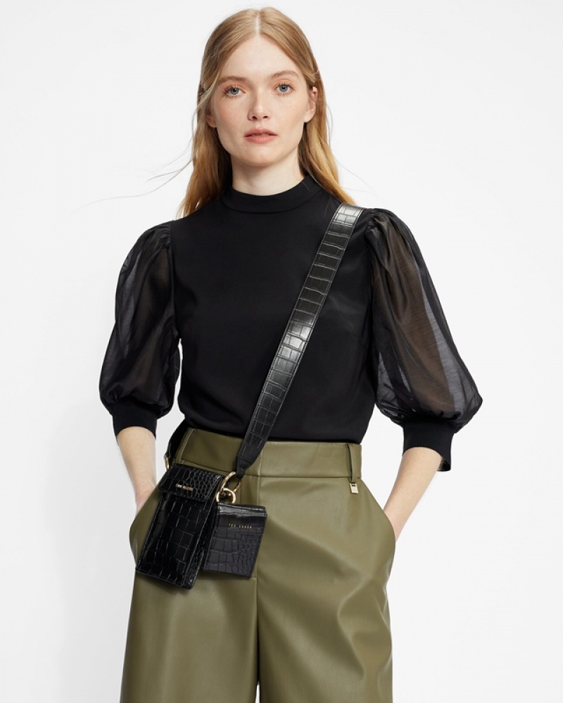 Black Ted Baker Micaeli Organza Volume Sleeve Women's Tops | 140529-DYA