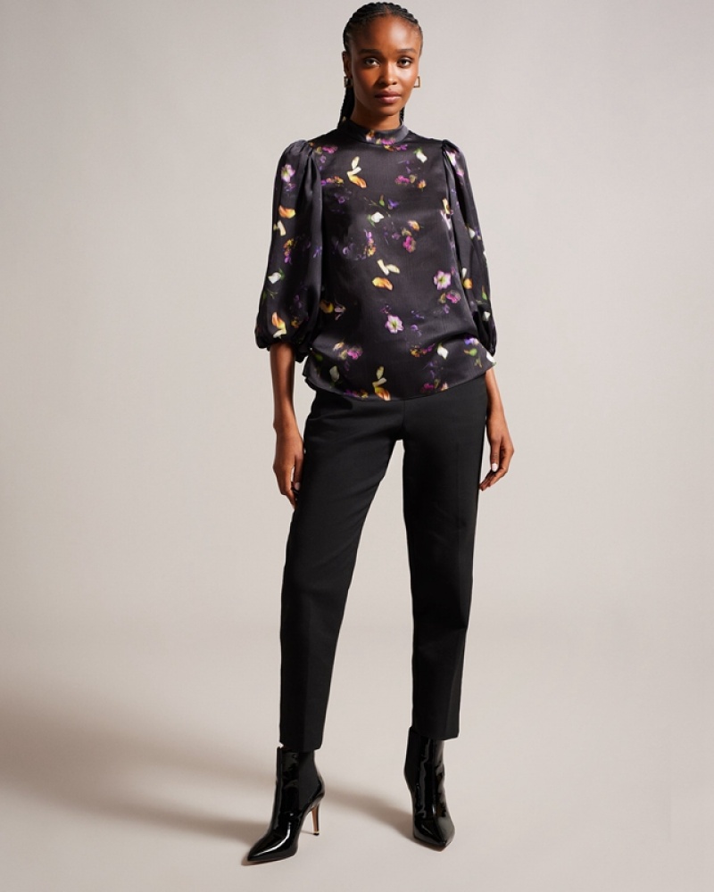 Black Ted Baker Niycole High Neck with Balloon Sleeves Women's Tops | 694825-NHF