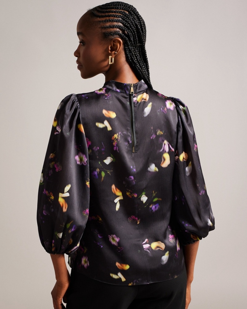 Black Ted Baker Niycole High Neck with Balloon Sleeves Women's Tops | 694825-NHF