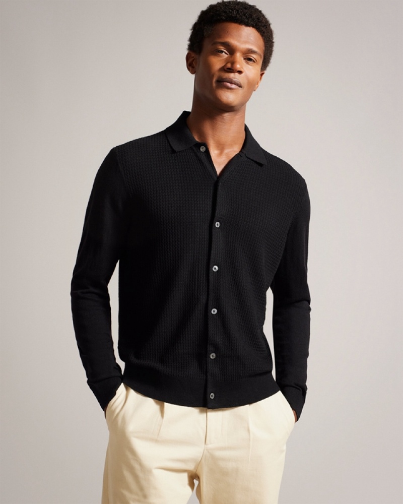 Black Ted Baker Oidar LS Revere Collar Knitted Men\'s Polo Shirt | 470986-CPH