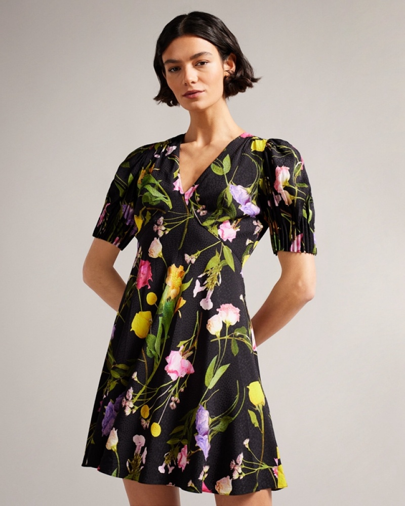 Black Ted Baker Opallie Mini Puff Sleeve Tea Women's Dress | 712498-ALI