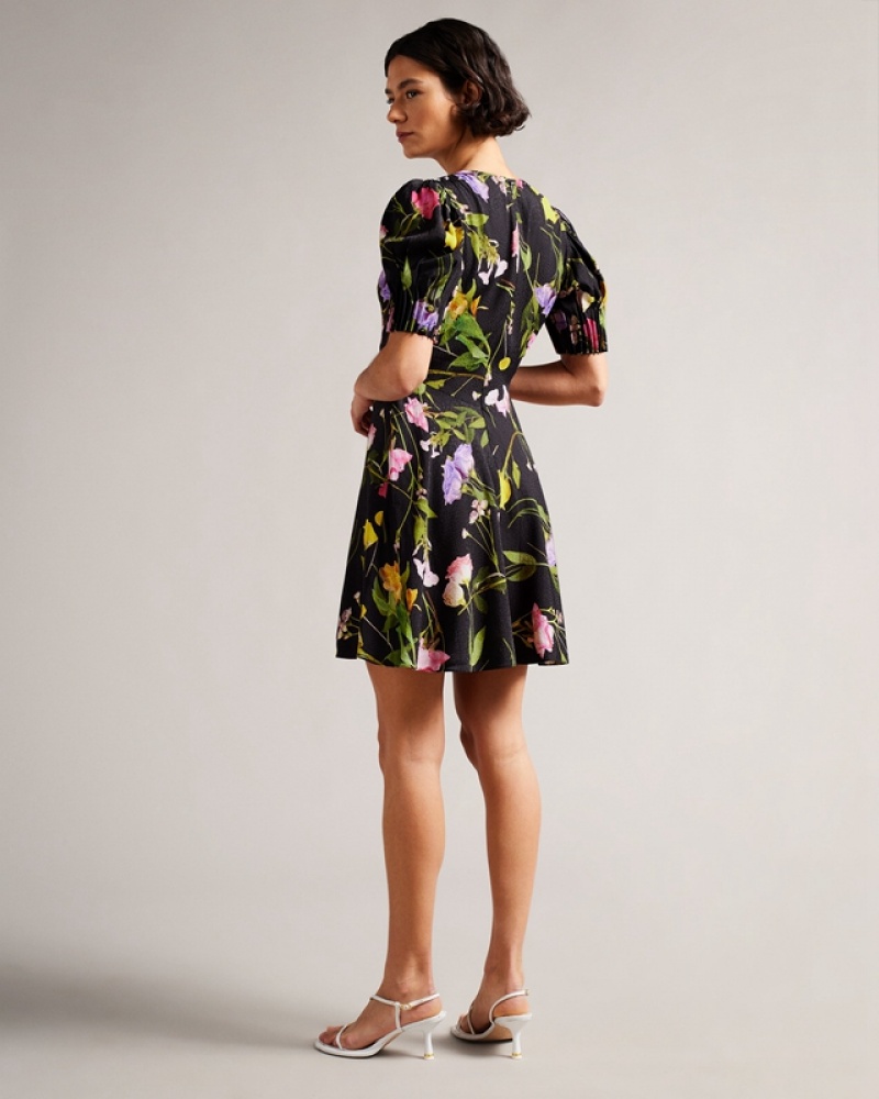 Black Ted Baker Opallie Mini Puff Sleeve Tea Women's Dress | 712498-ALI