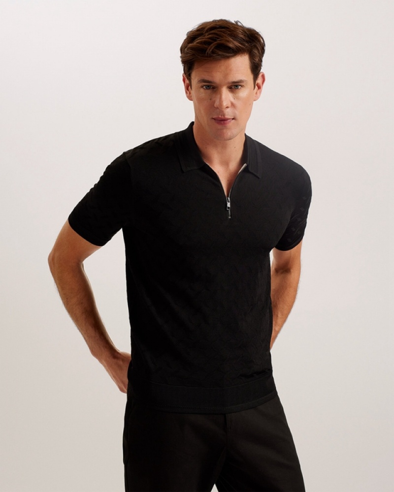 Black Ted Baker Palton Regular SS Textured Men's Polo Shirt | 029587-LNS