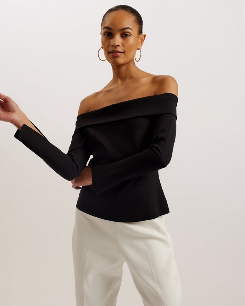 Black Ted Baker Phollyy Off The Shoulder Fitted Women's Tops | 413852-LPQ