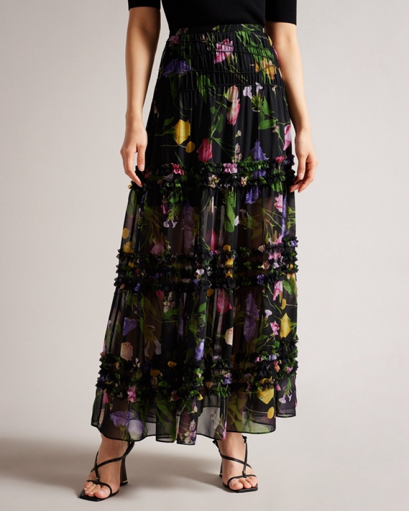 Black Ted Baker Thieaa Micro Ruffle Tiered Midaxi Women's Skirts | 629574-MYT