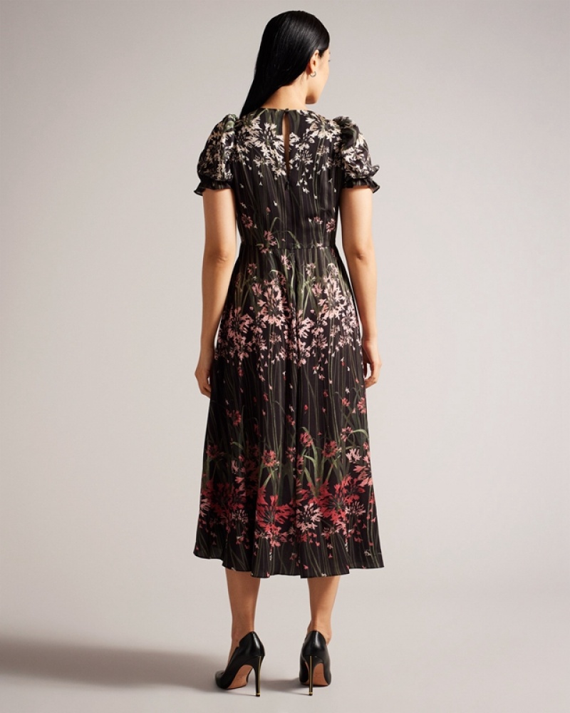 Black Ted Baker Zahrria High Low Hem with Puff Sleeve Women's Dress | 931658-DLT