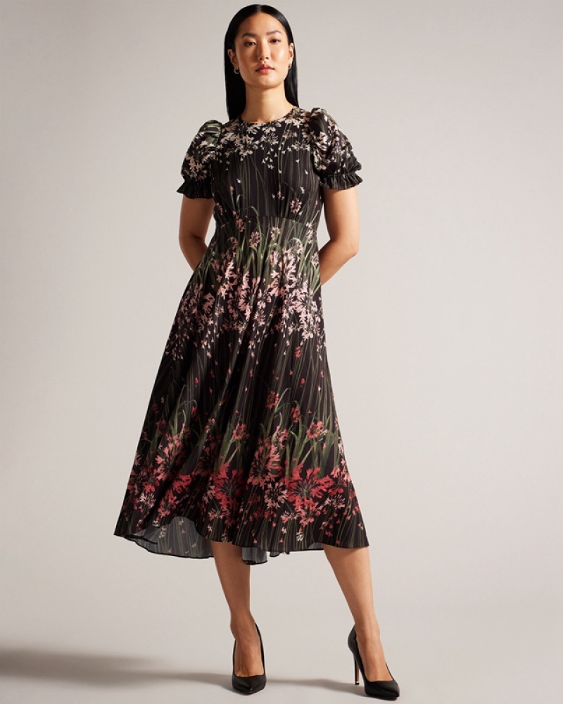 Black Ted Baker Zahrria High Low Hem with Puff Sleeve Women\'s Dress | 931658-DLT