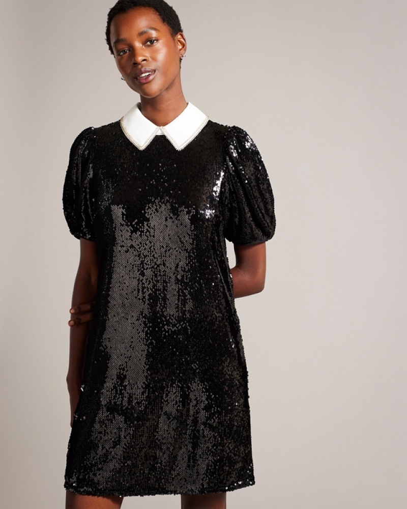 Black Ted Baker Zarell Sequin Shift with Puff Sleeves Women's Dress | 163845-IVF