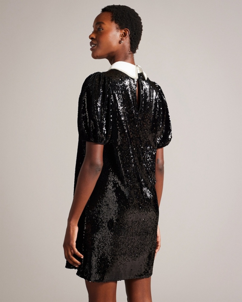 Black Ted Baker Zarell Sequin Shift with Puff Sleeves Women's Dress | 609327-DMR