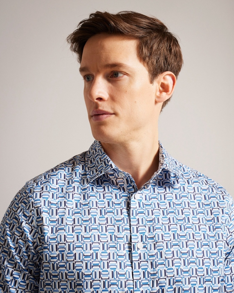 Blue Ted Baker Astun SS Cotton Stretch Geo Men's Shirts | 183527-UJT