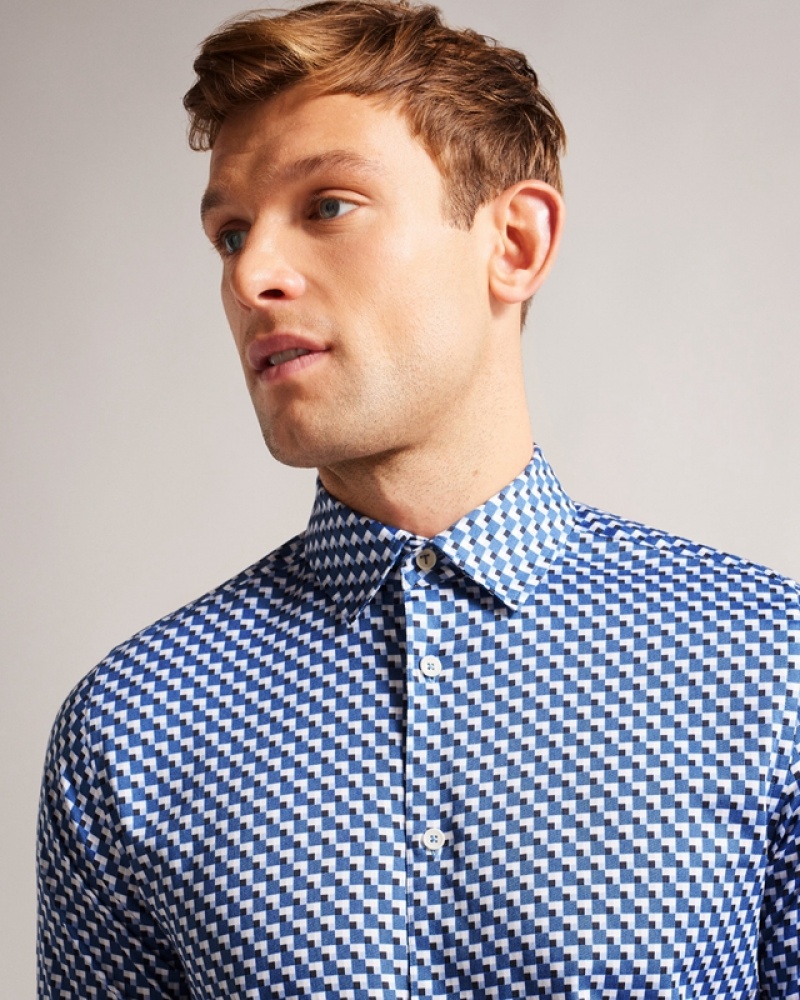 Blue Ted Baker Barder Long Sleeve Stretch Geo Men's Shirts | 739186-OKI