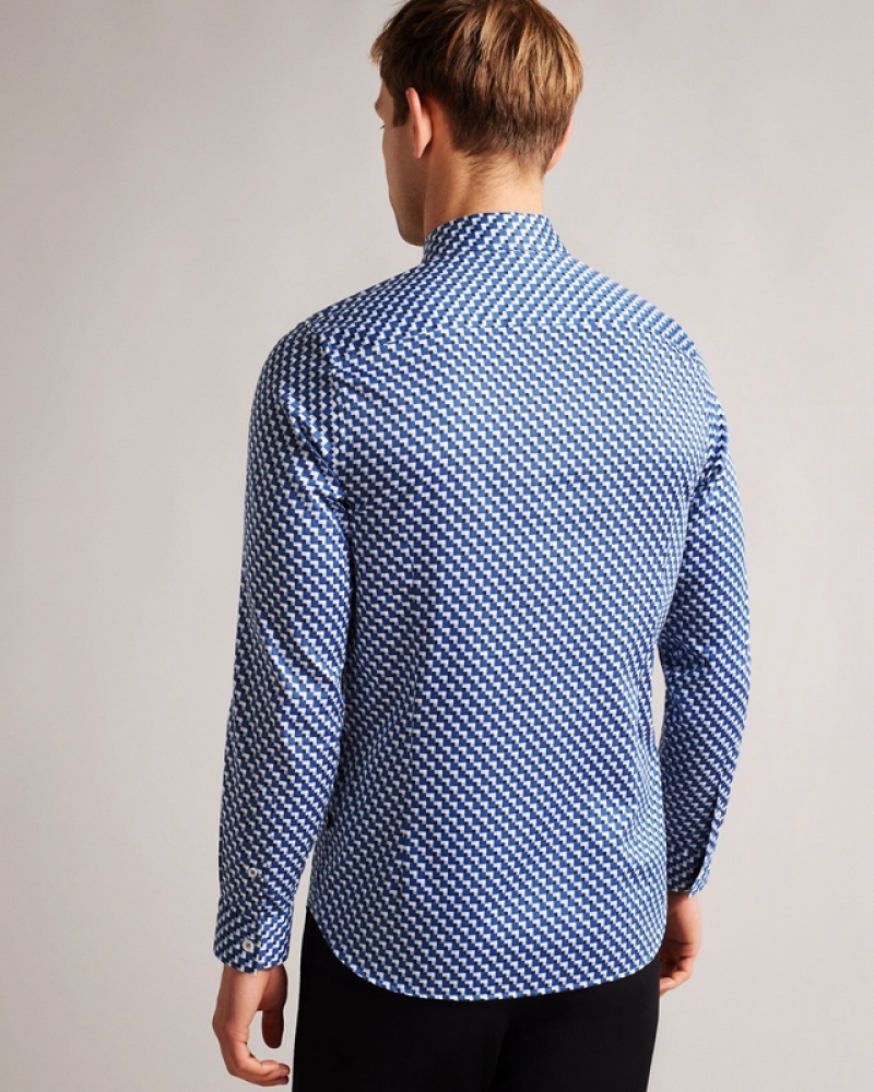 Blue Ted Baker Barder Long Sleeve Stretch Geo Men's Shirts | 739186-OKI