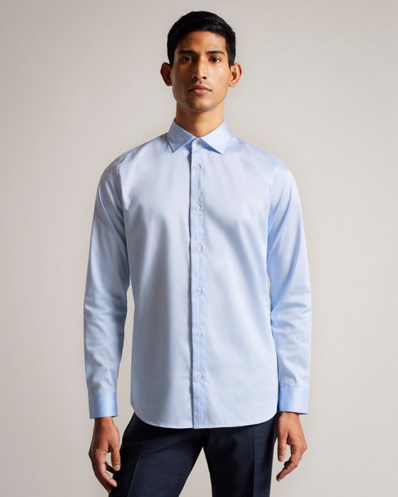 Blue Ted Baker Bellow Long Sleeve Stretch Smart Men\'s Shirts | 835207-LDB