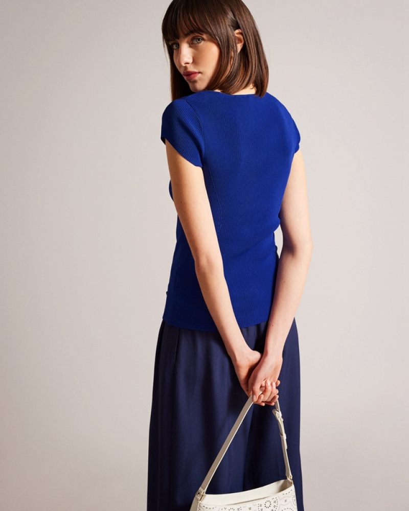 Blue Ted Baker Cyndiy Engineered Rib Fitted Knit Women's Tops | 746093-KUA