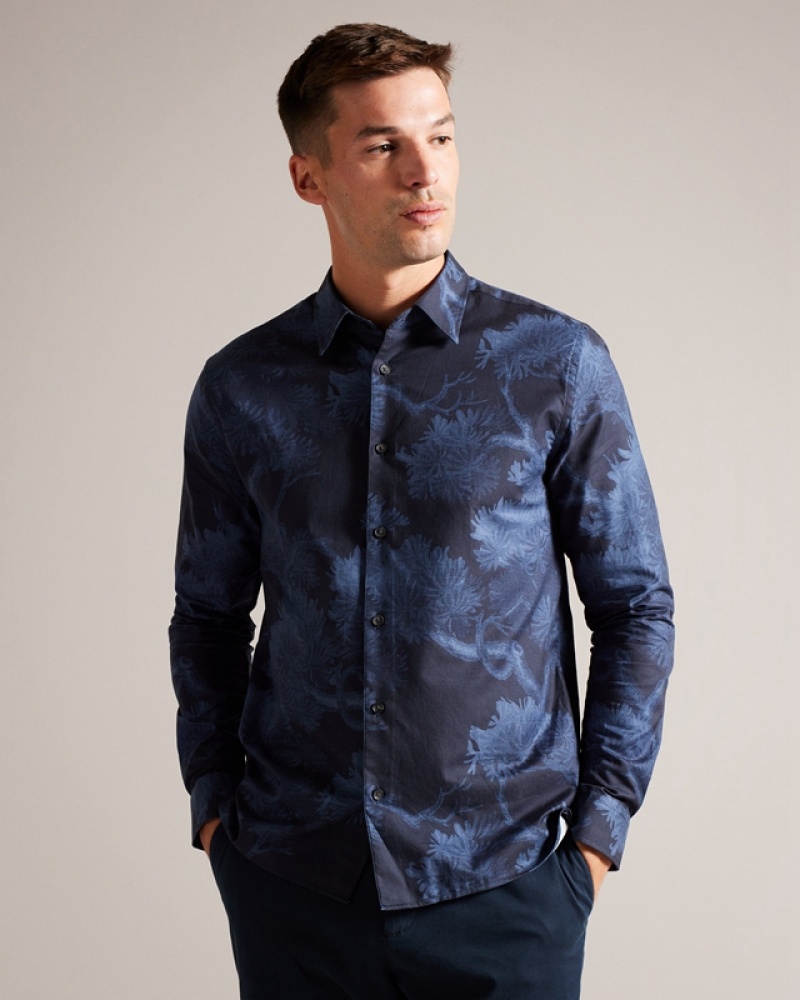 Blue Ted Baker Goxhill LS Tree Print Men's Shirts | 692350-QFV