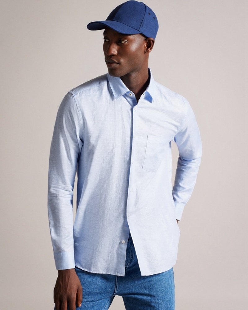 Blue Ted Baker Kingwel Long Sleeve Linen Men's Shirts | 826739-OYQ