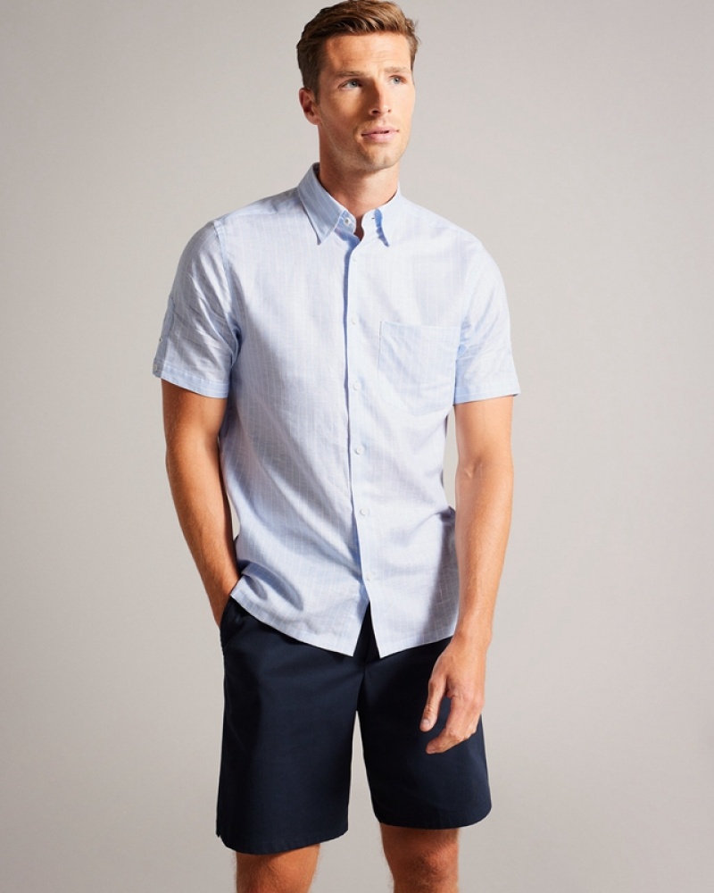 Blue Ted Baker Lytham Short Sleeve Linen Stripe Men's Shirts | 650982-SDY