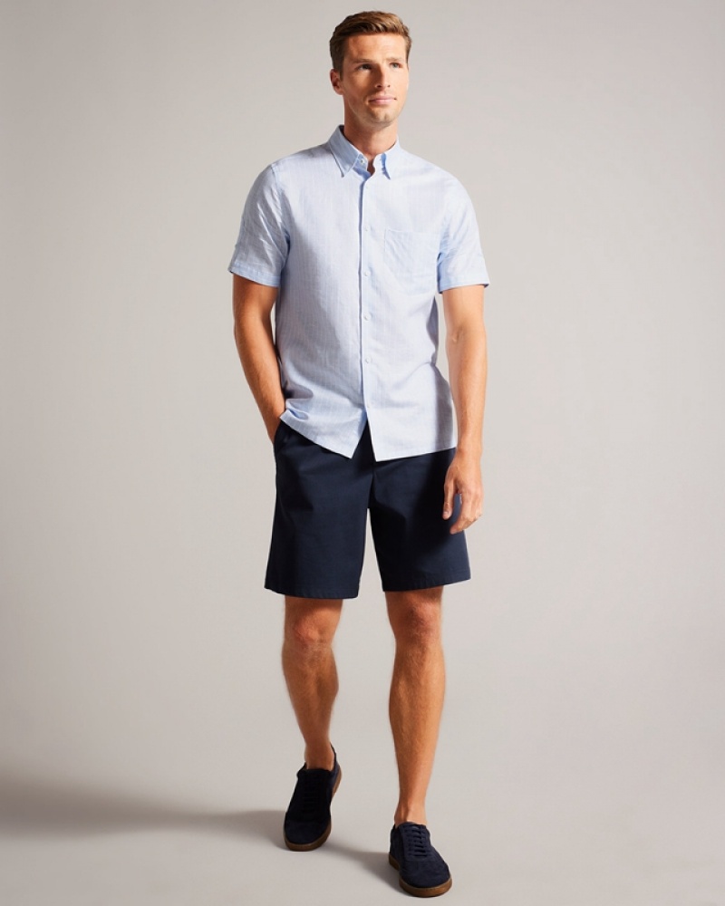 Blue Ted Baker Lytham Short Sleeve Linen Stripe Men's Shirts | 650982-SDY