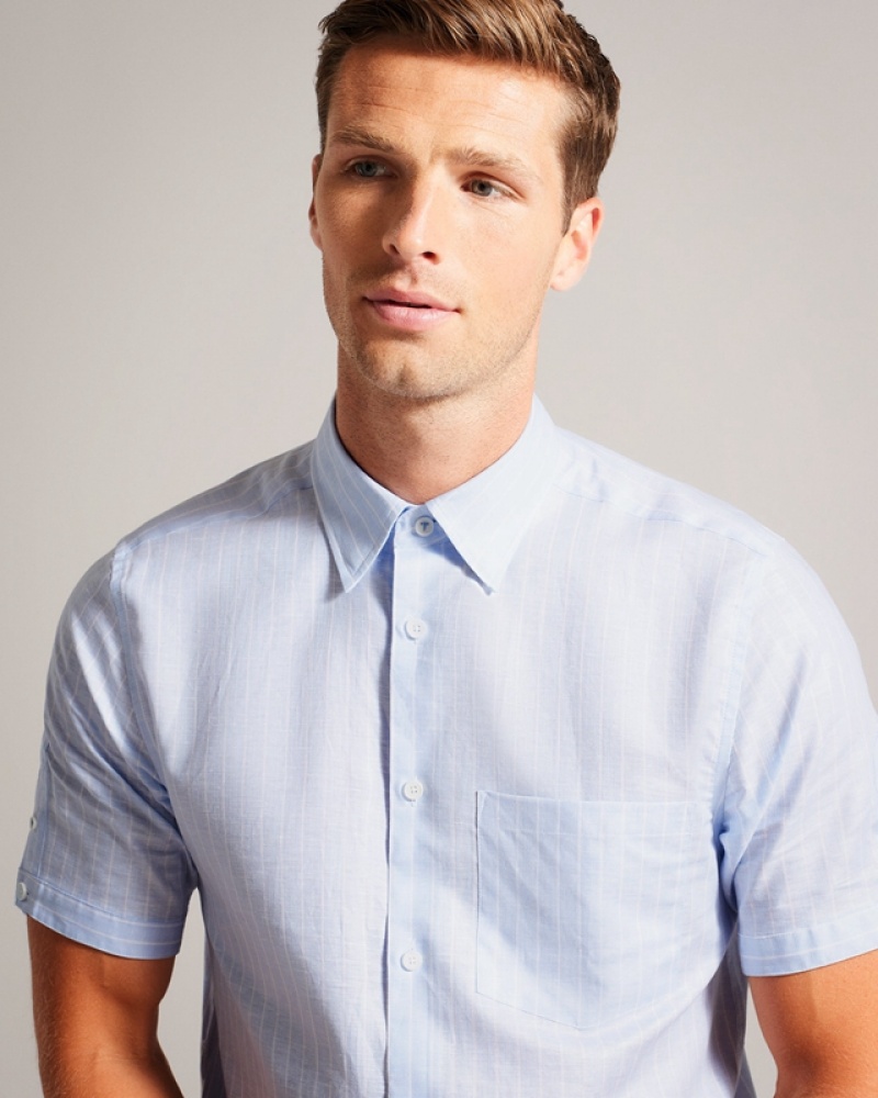 Blue Ted Baker Lytham Short Sleeve Linen Stripe Men\'s Shirts | 650982-SDY