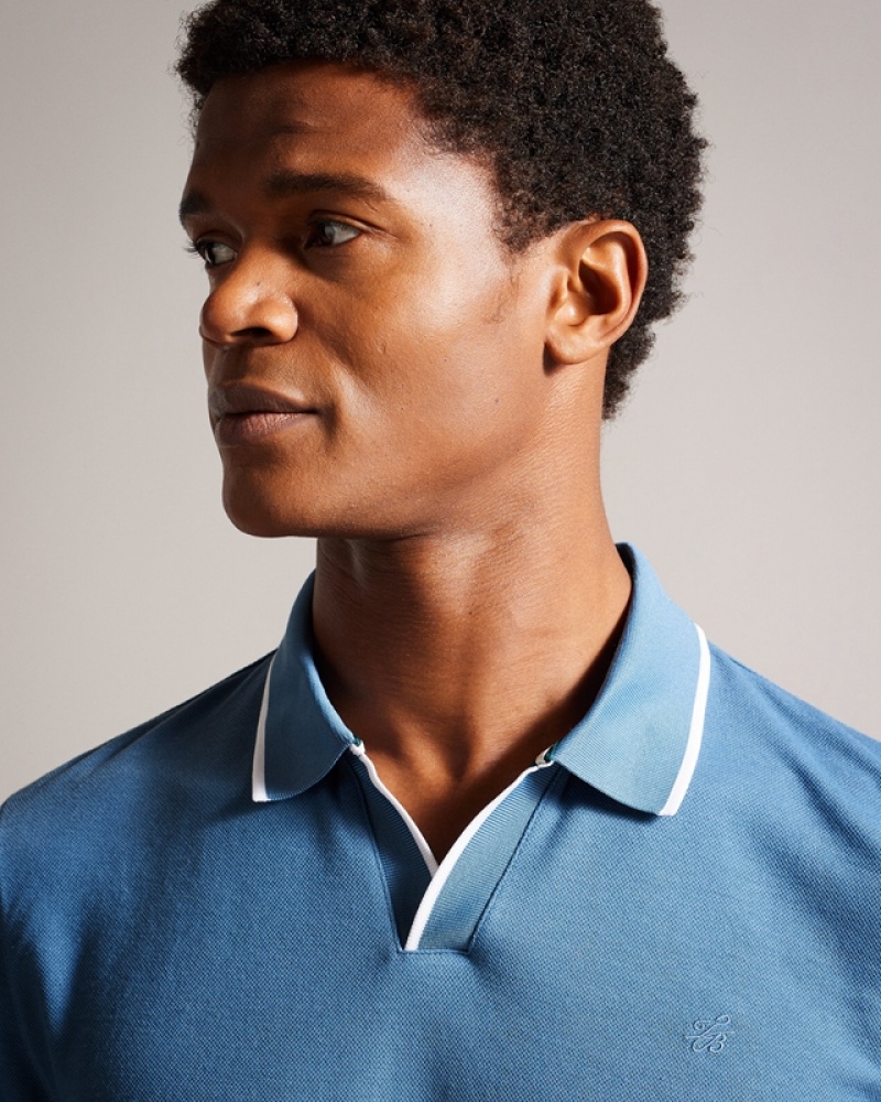 Blue Ted Baker Maste LS Regular Open Collar Men's Polo Shirt | 264975-QNK