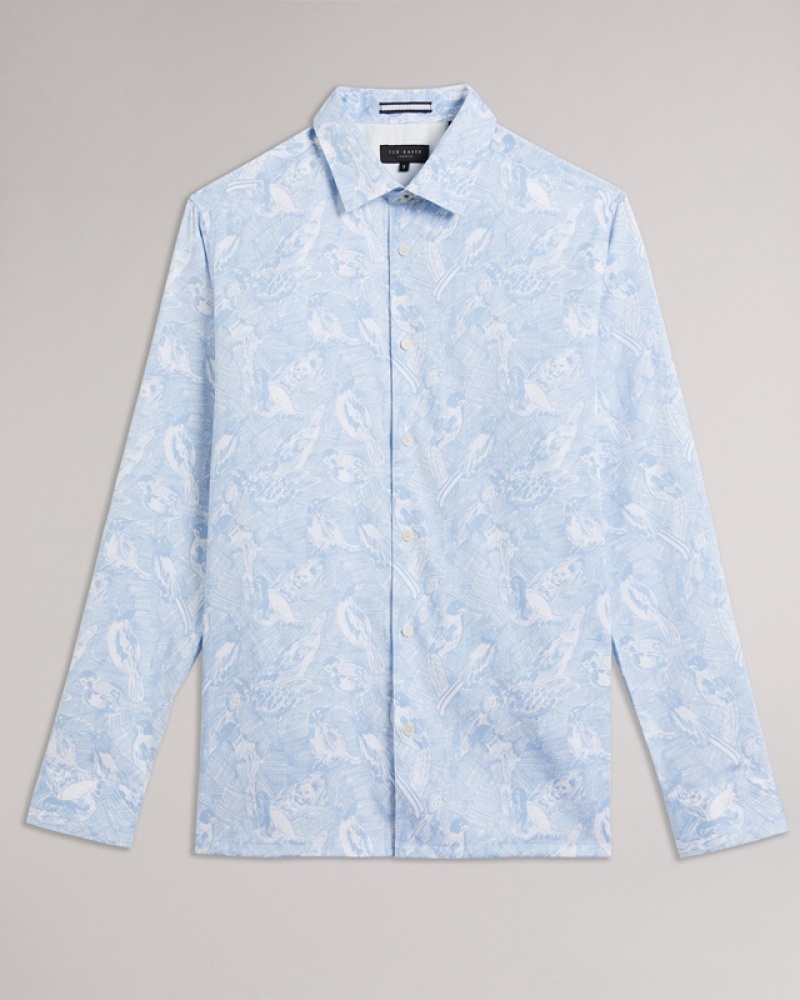 Blue Ted Baker Mullen LS Hand Drawn Bird Print Men's Shirts | 372648-MHY