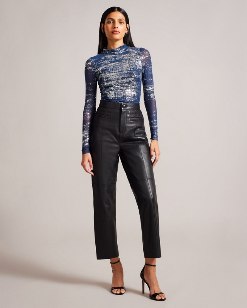 Blue Ted Baker Sofiy Foil Print Mesh Women's Tops | 047685-SEI