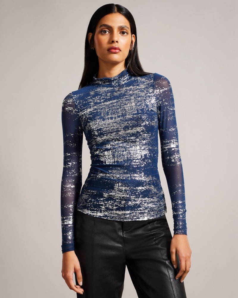 Blue Ted Baker Sofiy Foil Print Mesh Women\'s Tops | 047685-SEI