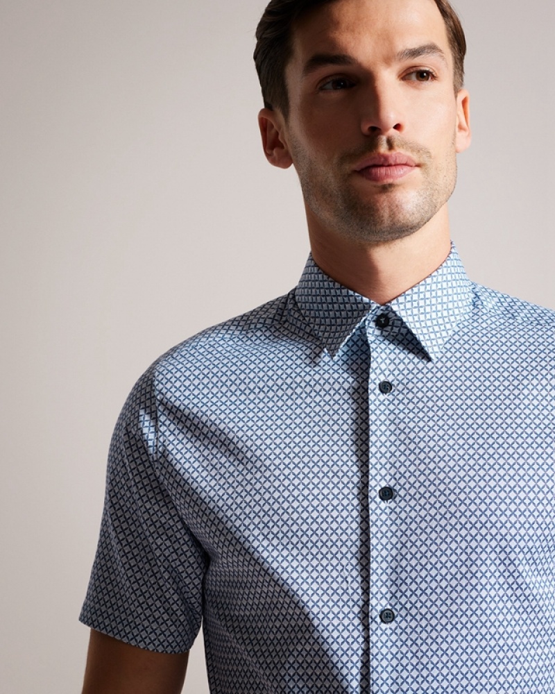 Blue Ted Baker Strisho Short Sleeve Geo Print Men's Shirts | 965138-IQY