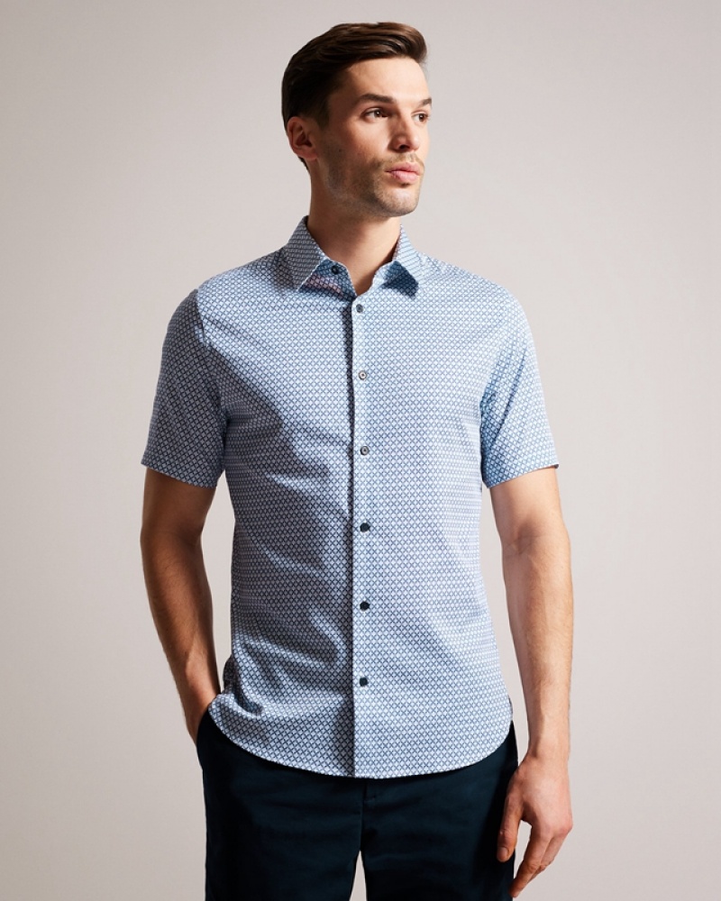 Blue Ted Baker Strisho Short Sleeve Geo Print Men\'s Shirts | 965138-IQY