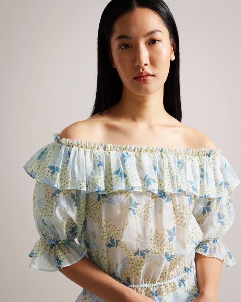 Blue / Blue Ted Baker Trisia Off The Shoulder with Elasticated Waist Women's Tops | 310295-VDG