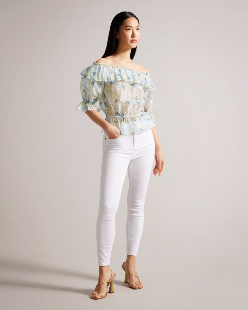 Blue / Blue Ted Baker Trisia Off The Shoulder with Elasticated Waist Women's Tops | 310295-VDG