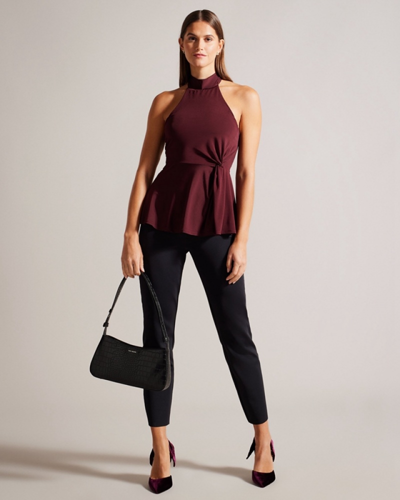 Burgundy Ted Baker Malean Twisted Waist Halter Neck Women's Tops | 429175-YAW