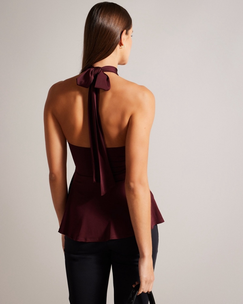 Burgundy Ted Baker Malean Twisted Waist Halter Neck Women's Tops | 429175-YAW