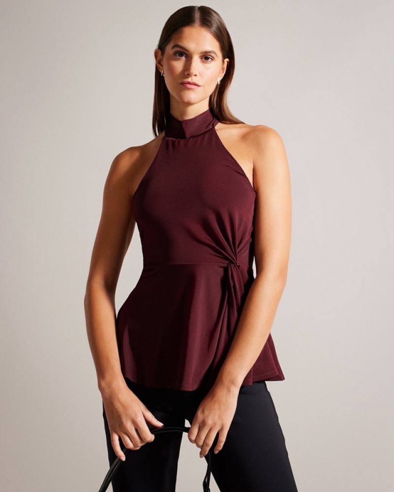 Burgundy Ted Baker Malean Twisted Waist Halter Neck Women\'s Tops | 429175-YAW