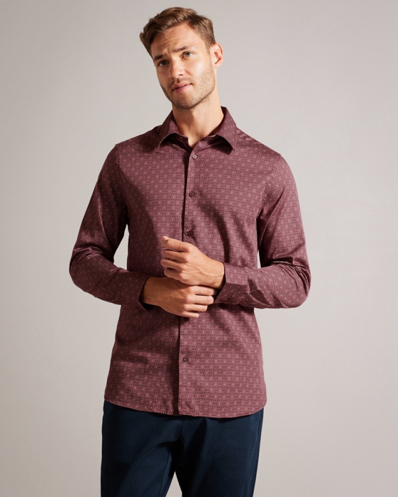 Burgundy Ted Baker Pavia LS Star Geo Print Men\'s Shirts | 478650-XVF