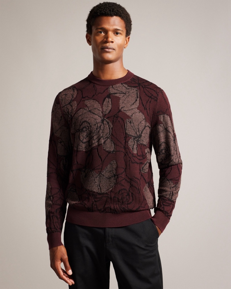 Burgundy Ted Baker Simpso LS Textured Jacquard Crew Neck Men\'s Sweaters | 403698-WJV